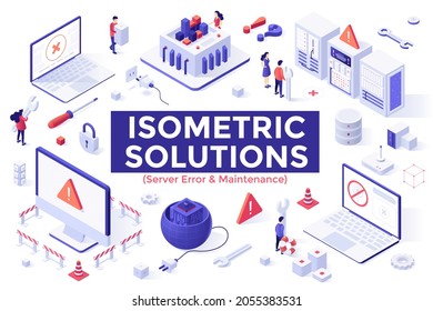 Server error and maintenance set - people with repairing tools and computers with warning sign or access denied symbol on screen. Collection of isometric design element. Modern vector illustration.