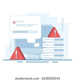 Server errors and failures. Poor Hosting Quality. Server Downtime. Traffic Flood, and DNS Issues. Service Disconnection. Server errors and failures. Flat illustration on background.