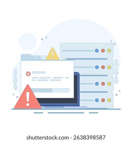 Server errors and failures. Poor Hosting Quality. Server Downtime. Traffic Flood, and DNS Issues. Service Disconnection. Server errors and failures. Flat illustration on background.