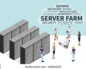 Server farm and isometric people. Isometric view of server, data center, server rack, computer server. Vector illustration