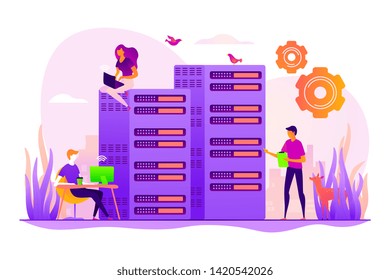 Server farm, mainframe maintenance. Datacenter diagnostics and support. System administration, network upkeeping, computer systems configuration concept. Vector isolated concept creative illustration