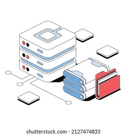 Server folder HDD. Vector 3d sketch line isometric style, color icon illustration. Creative design idea and infographics elements.