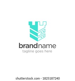 Server with fort logo concept, technology vector logo design template
