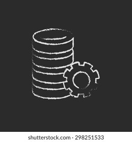 Server with gear hand drawn in chalk on a blackboard vector white icon on a black background