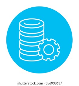 Server with gear line icon for web, mobile and infographics. Vector white icon on the light blue circle isolated on white background.