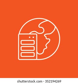 Server and globe line icon for web, mobile and infographics. Vector white icon isolated on red background.