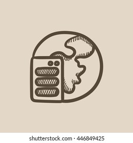 Server and globe vector sketch icon isolated on background. Hand drawn Server and globe icon. Server and globe sketch icon for infographic, website or app.