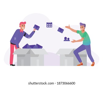 Server guy sending the database to client. Group of working people or team of marketers, Email marketing, internet advertisement, online promotion. Vector flat illustration