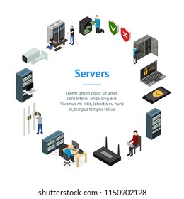 Server Hardware Banner Card Circle Isometric View Isolated on White Background. Vector illustration of Icon Technology Network Computer