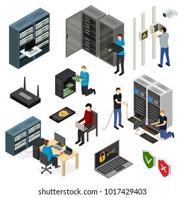 Ícones de sinais de hardware de servidor definir exibição isométrica isolada em fundo branco. Ilustração vetorial de Icon Technology Network Computer