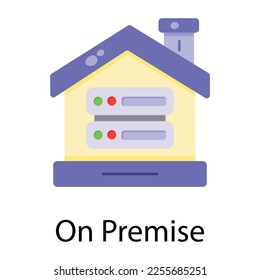 Server with a home building, flat icon of on premise 