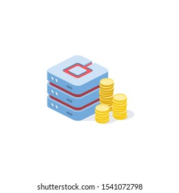 Server hosting price, cost of service, coins. Server hosting price, cost of service, coins. Vector 3d isometric, color web icon, new flat style. Creative illustration design, idea for infographics.