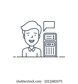 Server hosting support engineer. Network administrator in maintenance of routers and switches. Vector illustration.