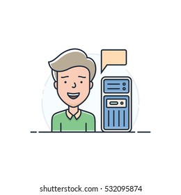 Server hosting support engineer. Network administrator in maintenance of routers and switches. Vector illustration
