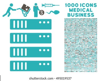 Server icon with 1000 medical commercial grey and cyan vector design elements. Collection style is flat bicolor symbols, white background.