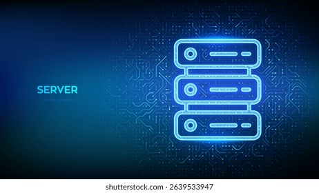 Server icon. Computer server and data storage background. Server hosting. Database storage. Data center. Circuit board pattern. PCB printed circuit texture. Vector illustration.