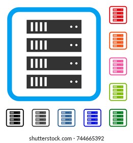 Server icon. Flat gray pictogram symbol inside a blue rounded square. Black, gray, green, blue, red, orange color additional versions of Server vector. Designed for web and app interfaces.