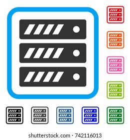 Server icon. Flat grey iconic symbol inside a light blue rounded frame. Black, gray, green, blue, red, orange color variants of Server vector. Designed for web and software UI.