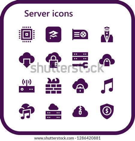  server icon set. 16 filled server icons. Simple modern icons about  - Cpu, Itunes, Security, Cloud computing, Server, Modem, Firewall, Music, Zip cloud