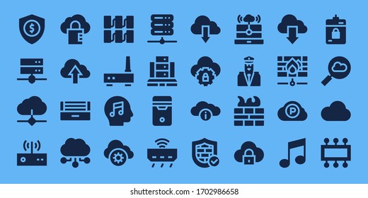 conjunto de iconos del servidor. 32 iconos de servidor rellenos. en el estilo de fondo azul Iconos modernos sencillos como: Seguridad, Servidor, Nube, Módem, cloud computing, Ultraviolet, Router, Música, Almacenamiento en nube