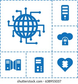 Server icon. set of 6 server filled icons such as cpu, server, cpu in heart, cpu planet