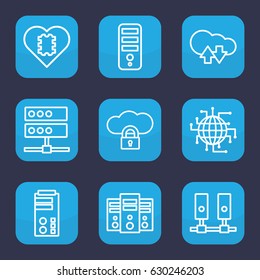 Server icon. set of 9 outline server icons such as cpu, cloud download upload, cpu in heart, cpu planet, server