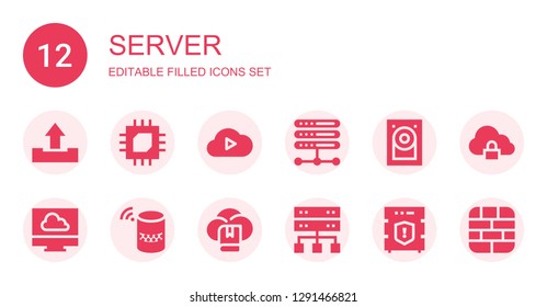 server icon set. Collection of 12 filled server icons included Upload, Cpu, Cloud computing, Server, Hard disk, Cloud, Data protection, Cloud storage, Firewall