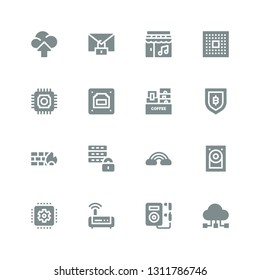 server icon set. Collection of 16 filled server icons included Data sharing, Music, Modem, Cpu, Hard disk, Cloud, Database, Firewall, Security, Rack, Ethernet, Secure, Cloud computing