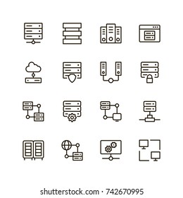 Server icon set. Collection of high quality outline database pictograms in modern flat style. Black computer symbol for web design and mobile app on white background. Hosting line logo.