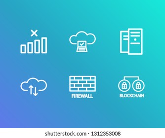 Server icon set and no internet connection with cloud storage, cloud computing and data center. Data transfer related server icon vector for web UI logo design.