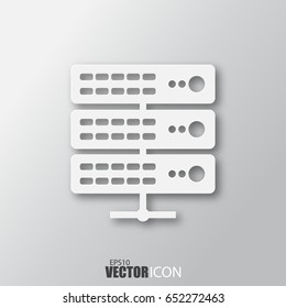 Server icon in white style with shadow isolated on grey background. For your design, logo. Vector illustration.