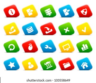 Server icons on colored cut square buttons. Image contains transparency - you can put them on every surface. 10 EPS