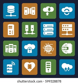 server icons set. Set of 16 server filled icons such as CPU, server, cloud download upload, CPU in heart, CPU planet
