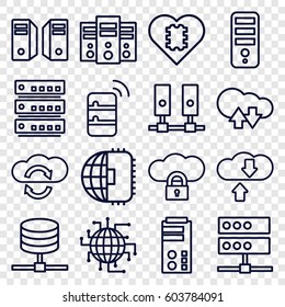 Server icons set. set of 16 server outline icons such as CPU, server, cloud download upload, CPU in heart, CPU planet