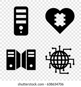Server icons set. set of 4 server filled icons such as cpu, server, cpu in heart