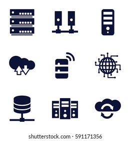server icons set. Set of 9 server filled icons such as CPU, server, cloud download upload, CPU planet