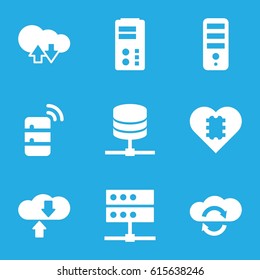 Server icons set. set of 9 server filled icons such as CPU, server, cloud download upload, CPU in heart, download cloud