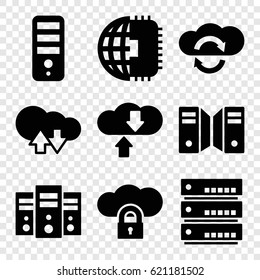 Server icons set. set of 9 server filled icons such as CPU, server, cloud download upload, CPU planet