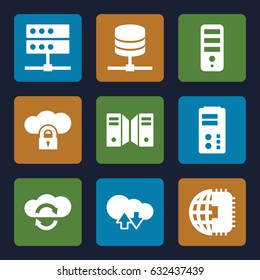 Server icons set. set of 9 server filled icons such as cpu, server, cloud download upload, cpu planet, cloud protection