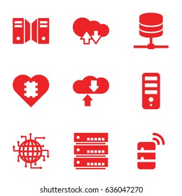 Server icons set. set of 9 server filled icons such as cpu, server, cloud download upload, cpu in heart, cpu planet