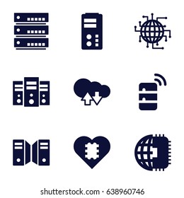 Server icons set. set of 9 server filled icons such as server, cloud download upload, cpu in heart