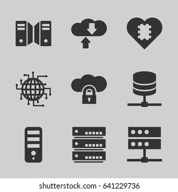 Server icons set. set of 9 server filled icons such as cpu, server, cpu in heart, cpu planet, download cloud