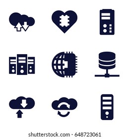 Server icons set. set of 9 server filled icons such as cpu, cloud download upload, cpu in heart, cpu planet, server, download cloud