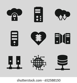 Server icons set. set of 9 server filled icons such as cpu, server, cloud download upload, cpu in heart, cpu planet