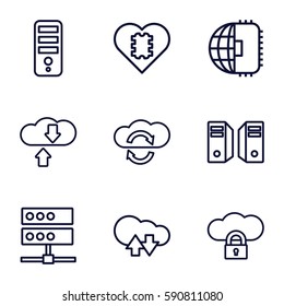 server icons set. Set of 9 server outline icons such as CPU, server, cloud download upload, CPU in heart, CPU planet