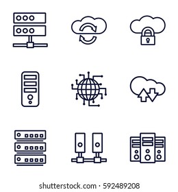 server icons set. Set of 9 server outline icons such as CPU, cloud download upload, CPU planet, server, cloud protection