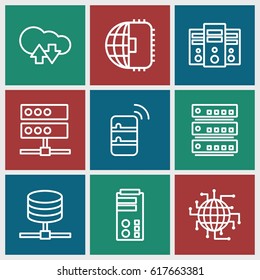 Server icons set. set of 9 server outline icons such as server, cloud download upload
