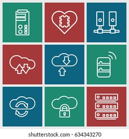 Server icons set. set of 9 server outline icons such as server, cloud download upload, cpu in heart