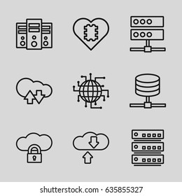 Server icons set. set of 9 server outline icons such as cloud download upload, cpu in heart, cpu planet, server, download cloud
