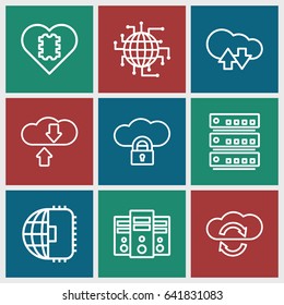 Server icons set. set of 9 server outline icons such as cloud download upload, cpu in heart, cpu planet, download cloud